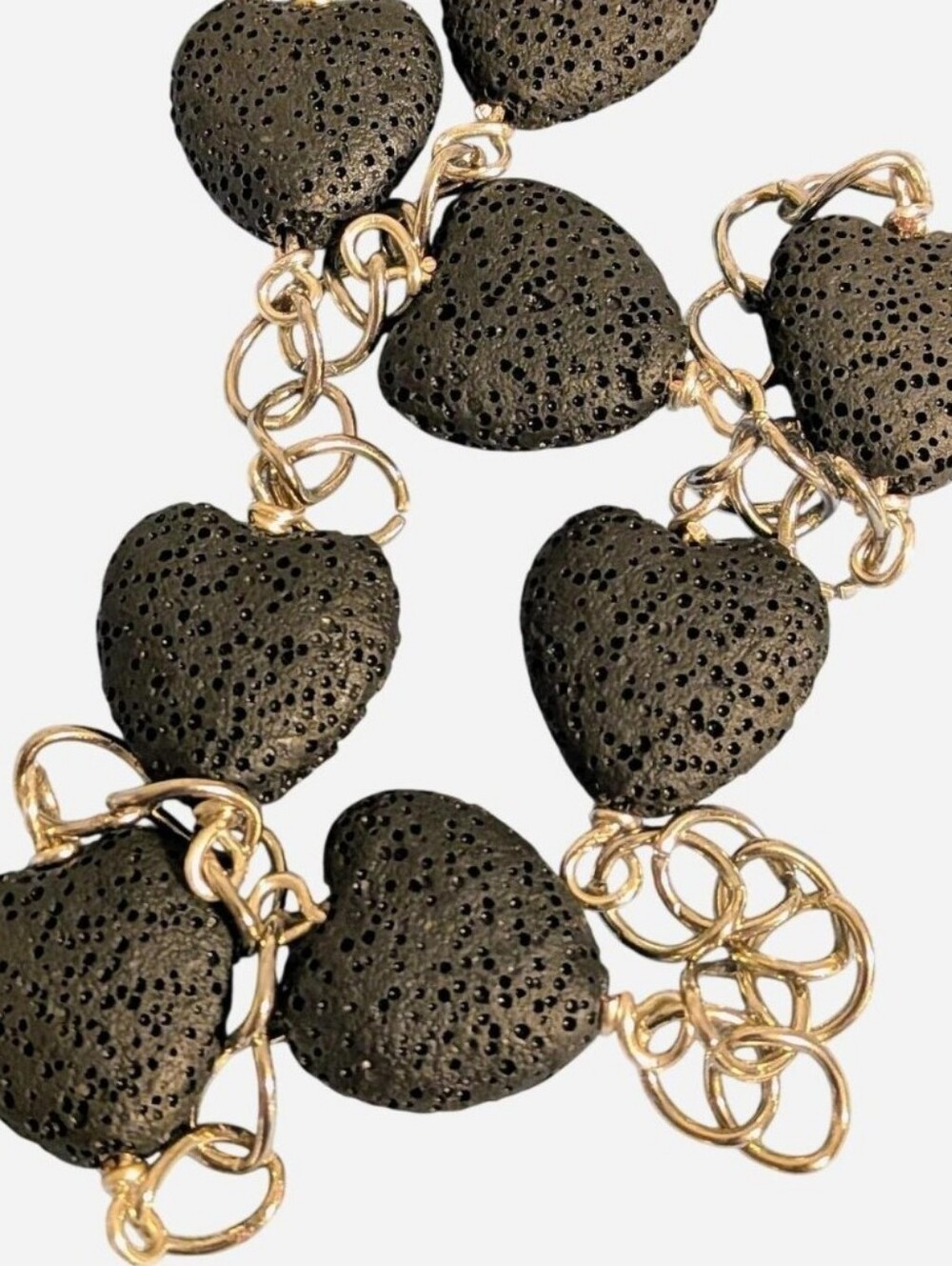 Black Lava Stone Hearts & Shiny Silver Chain Necklace 22" Handmade One of a Kind